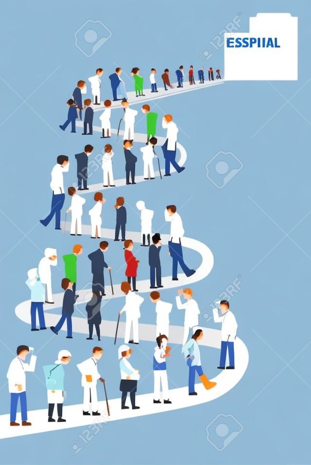 Larga fila de pacientes que van a un hospital, ilustración vectorial EPS 8