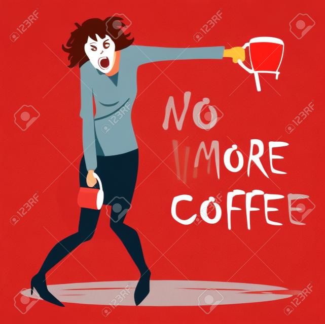 Rozwścieczona kobieta z pustym dzbankiem do kawy i kubkiem, cierpiąca na odstawienie kawy lub przedawkowanie, ilustracja wektora eps 8