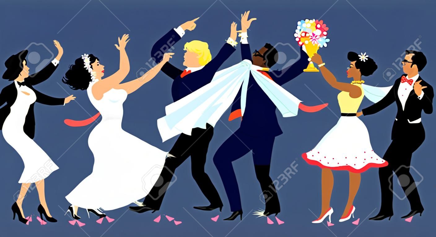 A festa de casamento vestiu-se na forma retro que dança uma linha de conga, ilustração do vetor do eps 8