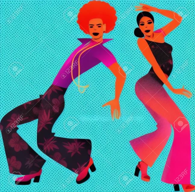 Młoda para ubrana w stylu lat 70. taniec disco, ilustracji wektorowych EPS 8