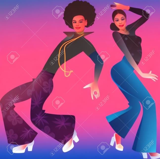 Young couple dressed in 1970s fashion dancing disco, EPS 8 vector illustration
