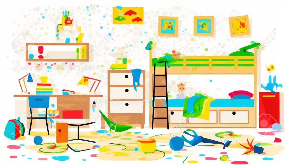 Interieur van messy kids slaapkamer, EPS 8 vector illustratie, geen transparantie