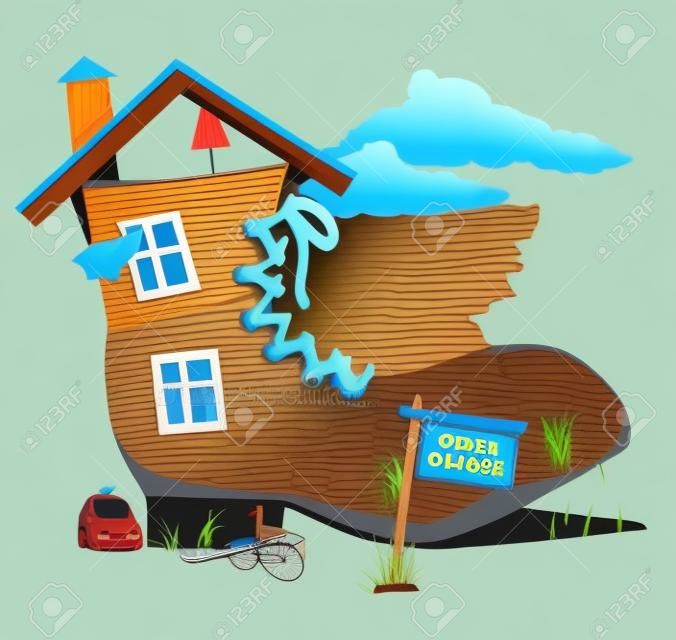 Old dilapidated shoe house with open house sign near it, EPS 8 vector illustration
