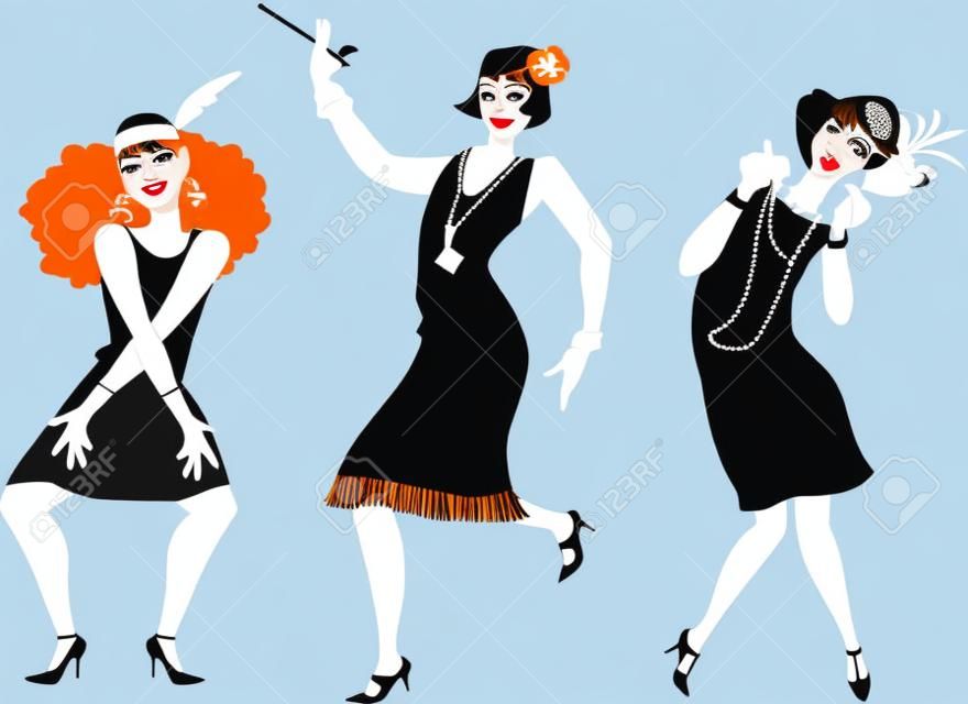 Trois jeunes femmes de dessin animé en costumes de clapets, illustration vectorielle