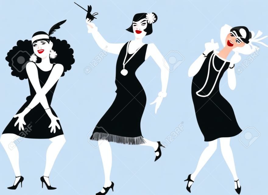 Trois jeunes femmes de dessin animé en costumes de clapets, illustration vectorielle