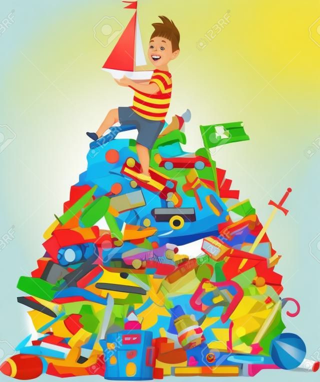 Menino manchado que senta-se em uma pilha enorme de brinquedos, ilustração vetorial