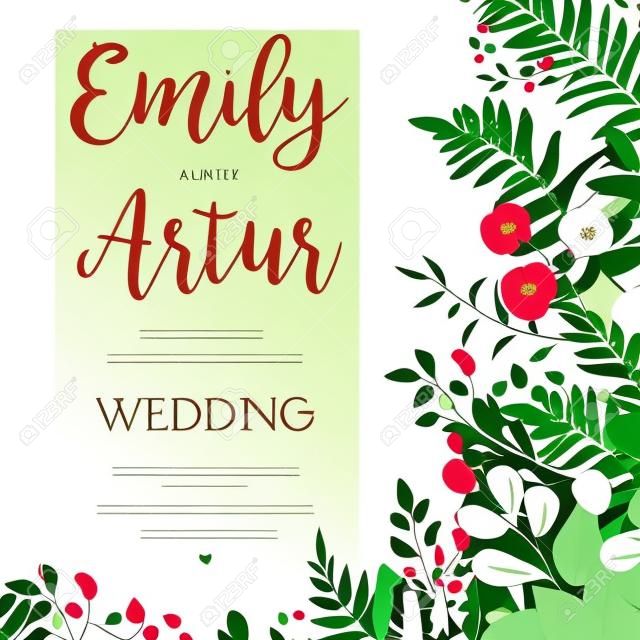 Convite de casamento, cartão de convite floral Design com folhas de samambaia verde elegante vegetação, baga, quadro de canto de buquê de floresta de eucalipto, impressão de fronteira.