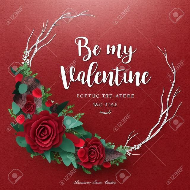 花の挨拶バレンタインカードのデザイン:庭赤バーガンディローズフラワーユーカリ緑の葉のベリーと枝ボーホスタイリッシュな花輪の花束プリント要素フレーム。