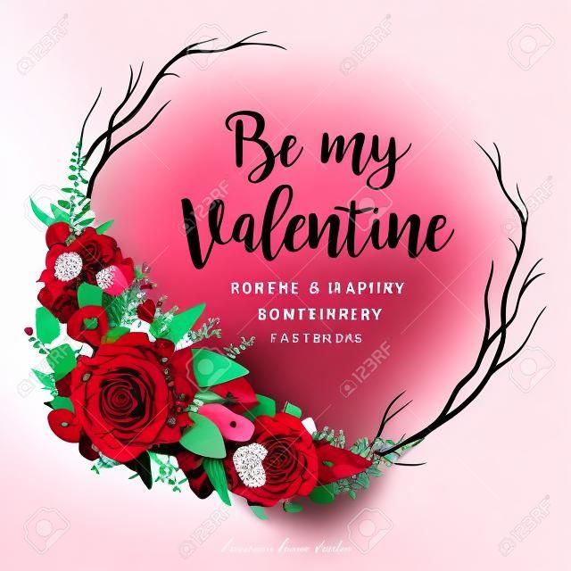 Bloemen groeten Valentijnskaart ontwerp: tuin rode bordeaux roos bloem eucalyptus groen gebladerte bessen en takken boho stijlvolle krans boeket print element frame.
