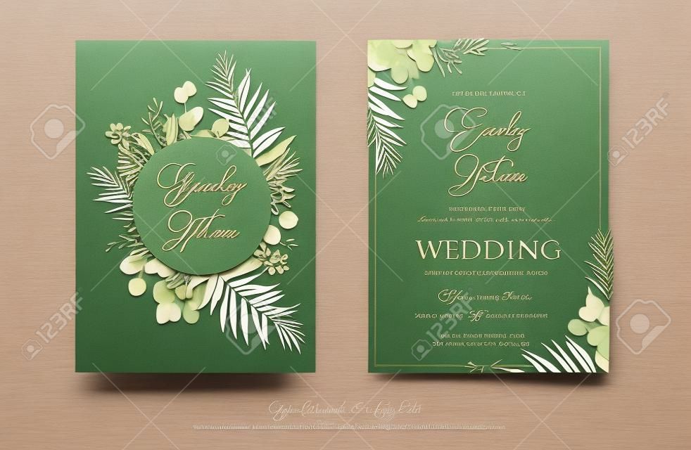 Wedding Invitation, floral invite thank you, RSVP modern card Design: green tropical palm leaf greenery eucalyptus branches decorative wreath