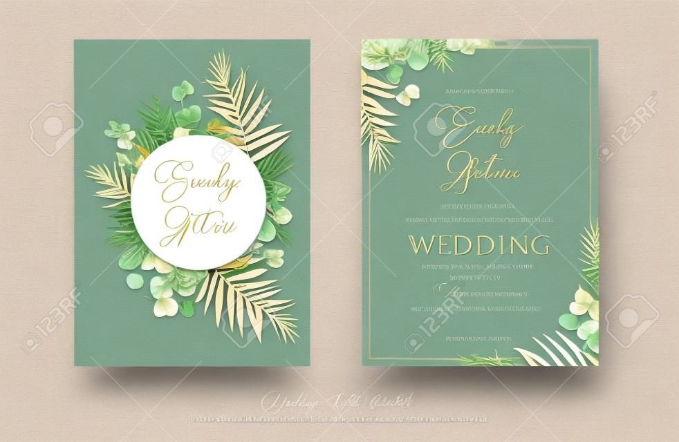 結婚式の招待状、花の招待ありがとう、RSVPモダンカードデザイン:緑の熱帯ヤシの葉の緑のユーカリの枝