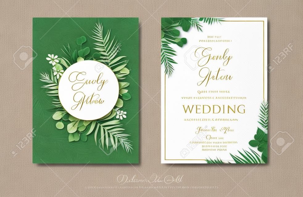 結婚請柬，花藝邀請，謝謝，RSVP現代名片設計：綠色熱帶棕櫚葉綠葉桉樹樹枝裝飾花環