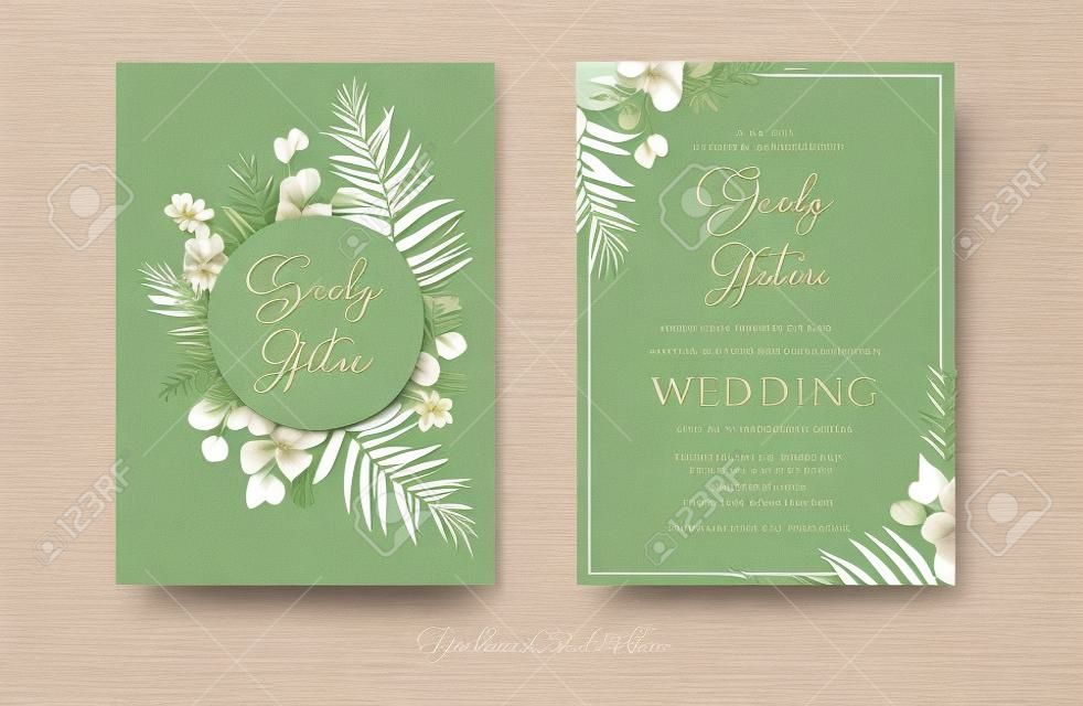 結婚式の招待状、花の招待ありがとう、RSVPモダンカードデザイン:緑の熱帯ヤシの葉の緑のユーカリの枝