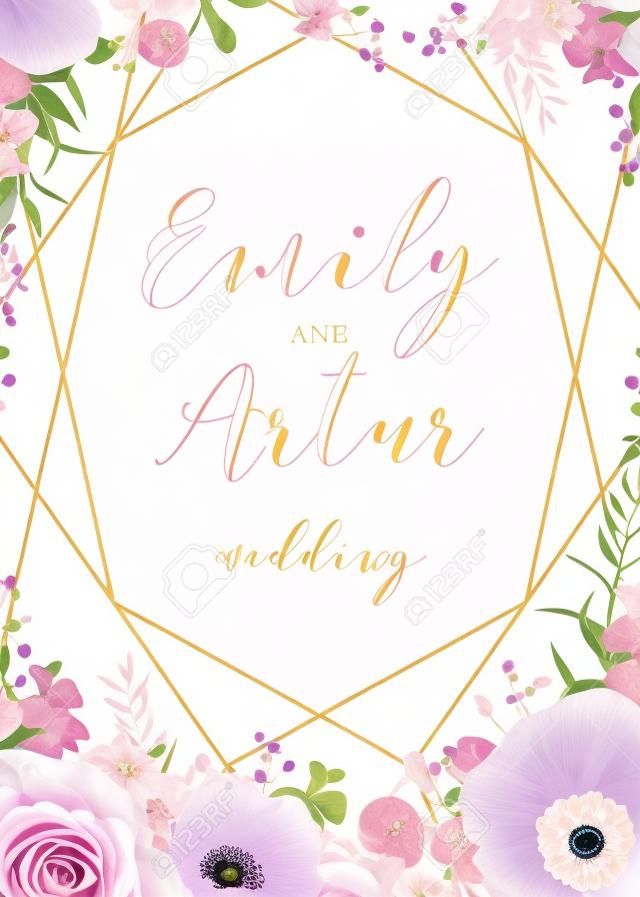 Wedding elegant invite invitation, save the date card design with tender lavender pink garden roses, anemones, wax flowers, eucalyptus branches, leaves & cute golden geometrical frame. Vector template