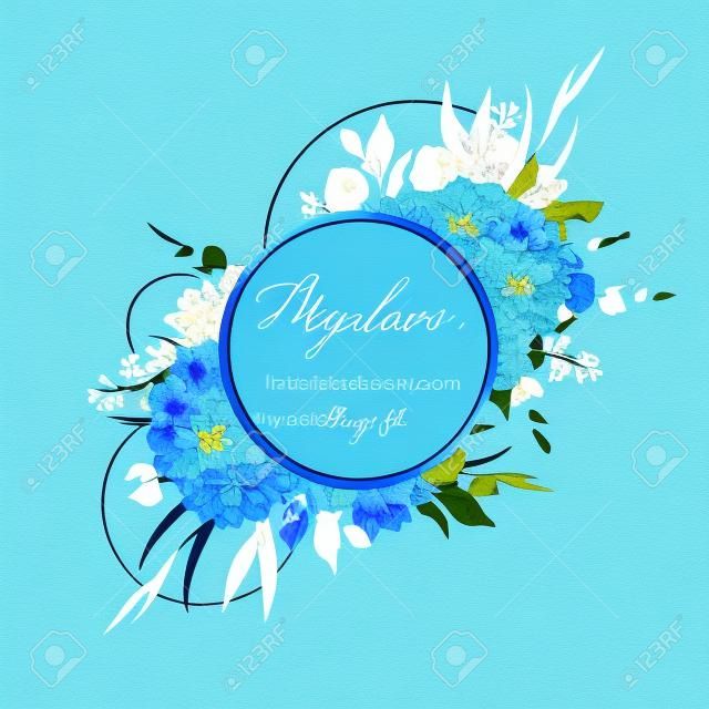 Illustration of a floral card with a bouquet of blue hydrangea flowers and green leaves