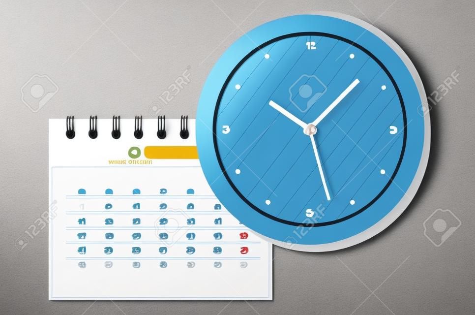 Calendario de pared espiral de papel y relojes. Calendario relojes icono plana. Horario, cita, organizador, hoja de tiempo, gestión del tiempo, fecha importante.
