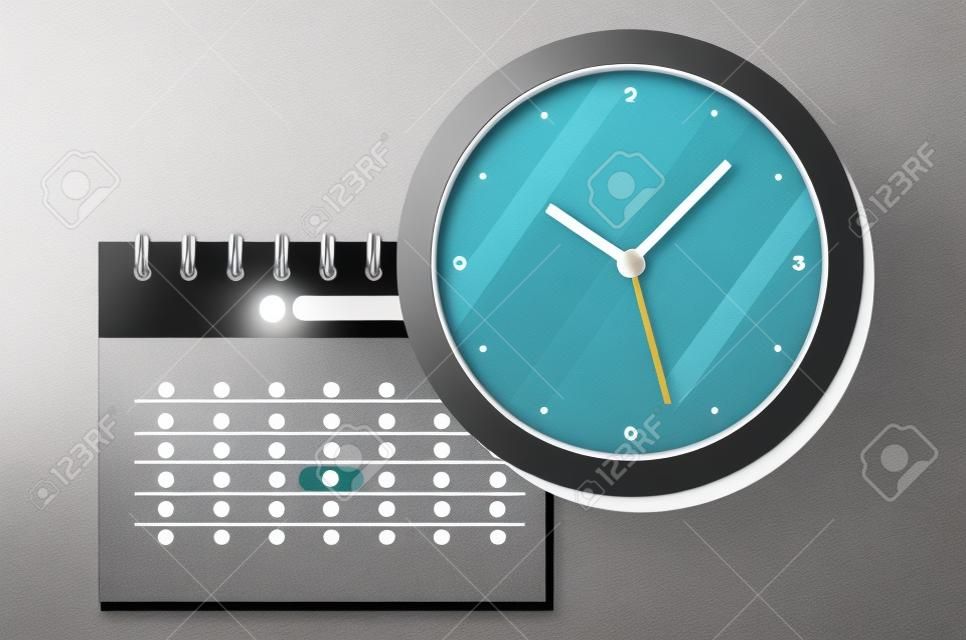 Calendario de pared espiral de papel y relojes. Calendario relojes icono plana. Horario, cita, organizador, hoja de tiempo, gestión del tiempo, fecha importante.