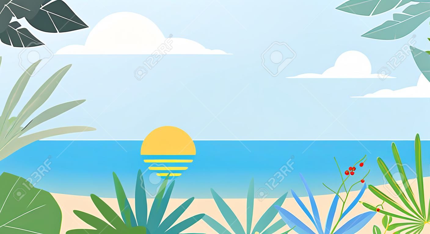 Tropical seascape flat fantasy view background template. Exotic plants and palms. Sun and clouds. Trendy design vector illustration.
