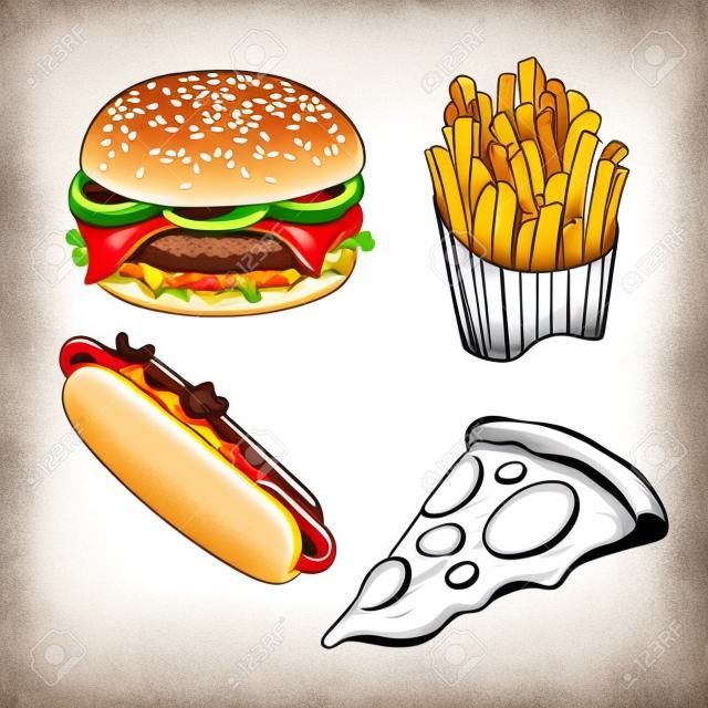 Fast food schets set. Hamburger, frieten, hot dog en peperoni pizza plak. Hand getekend illustraties voor restaurant menu in vintage stijl. Geïsoleerd op witte achtergrond.