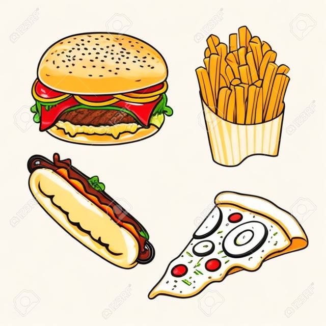 패스트 푸드 스케치 세트. 햄버거, 감자튀김, 핫도그, 페퍼로니 피자 조각. 빈티지 스타일의 레스토랑 메뉴에 대한 손으로 그린 삽화. 흰색 배경에 고립.