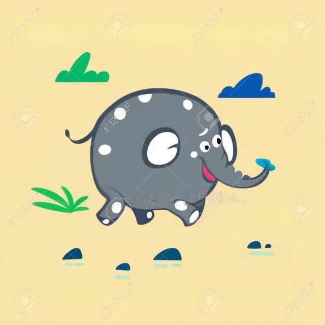 Cute childish cartoon little elephant walking in the savannah. Simple preschool design template. Best for cloth print and party designs. vector illustration.