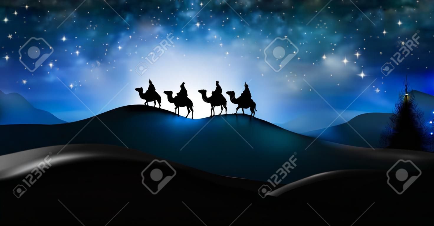 Weihnachtskrippe von drei Weisen Männer gehen , um Sie Jesus in der Krippe mit der Stadt von Bethlehem in der Ferne zu gehen