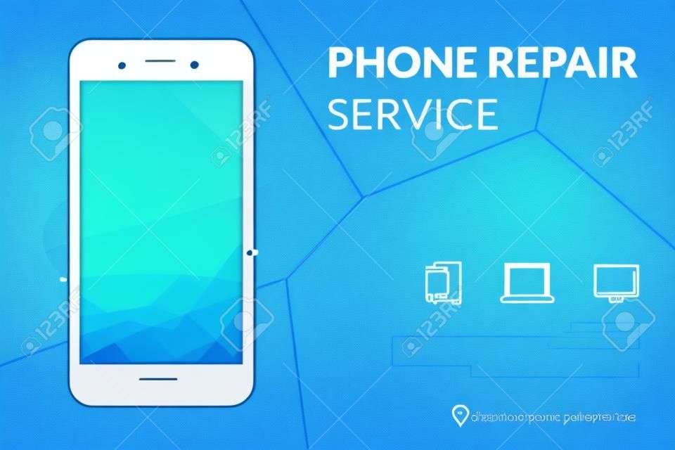 电话维修服务横幅模板。有残破的屏幕的智能手机在蓝色背景。维修电子产品。广告的概念。传染媒介eps 10。