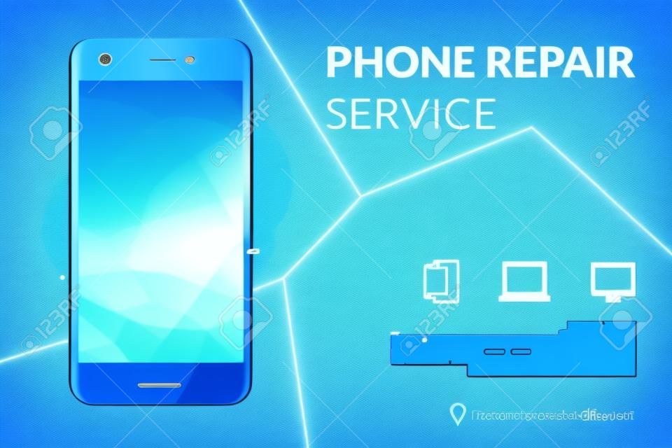 Modelo de banner de serviço de reparo de telefone. Smartphone com tela quebrada no fundo azul. Reparação de eletrônicos. Conceito de publicidade. Vector eps 10.