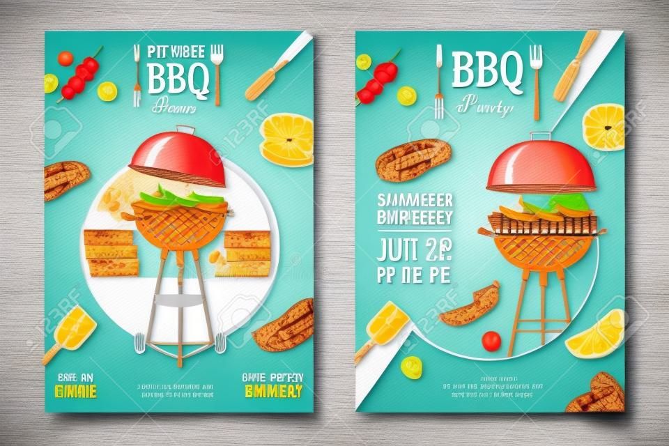 BBQ 파티 A4 초대장 템플릿입니다. 여름 바베큐 주말 전단지. 음식 스케치와 그릴 그림. 메뉴, 포스터, 발표 디자인 템플릿입니다.