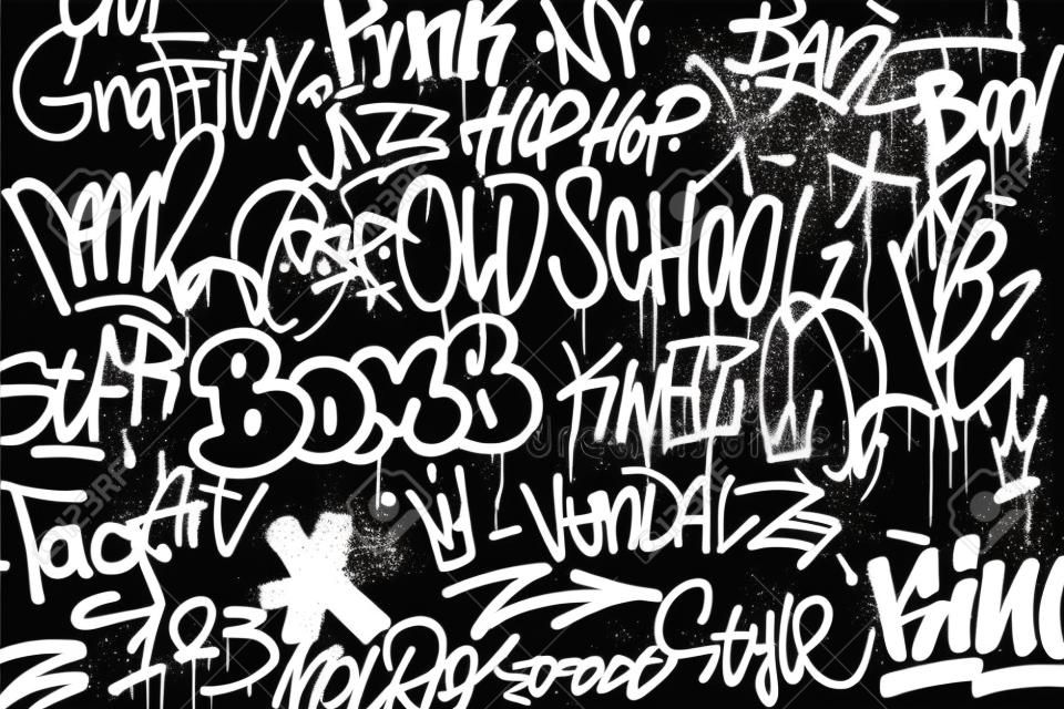 Graffiti tags background in black and white colors. Graffiti texture in hand drawn style. Old school street art. Element for t-shirt design, textile, banner. Vector illustration