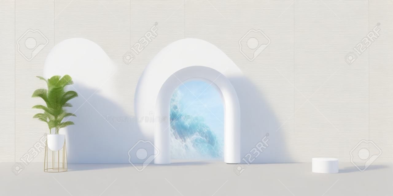 Display and podium courtyard tropical concept product wall arch round commercial advertisement pedestal space for placing products fashion cosmetics skincare and beauty. 3D illustration.