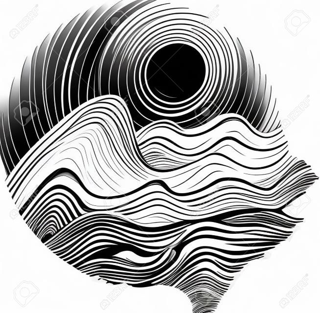 Black white picture of sea waves and sky in hatching style.