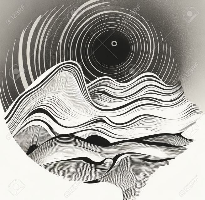 Black white picture of sea waves and sky in hatching style.