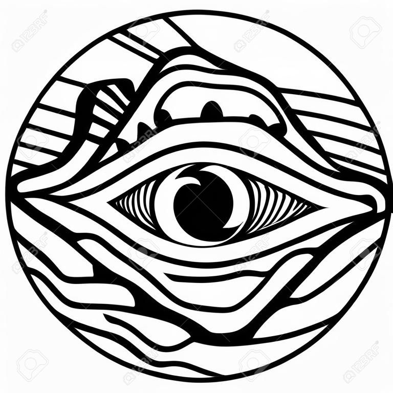 Dessin noir et blanc de l'oeil, inscrit dans un cercle de motifs et de montagnes. Bonne idée pour un tatouage.
