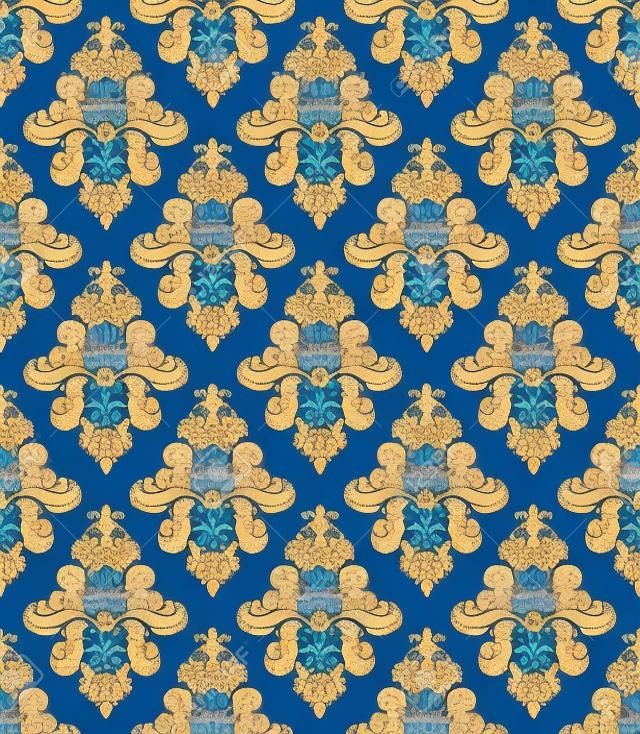seamless pattern with classic floral ornament in blue and brown colors