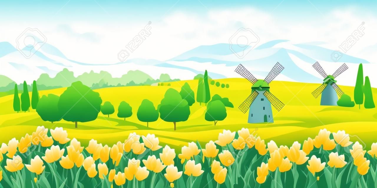 Sfondo di primavera vettoriale. Paesaggio olandese con campo di tulipani, alberi, colline, mulini. Banner orizzontale floreale in stile cartone animato disegnato a mano. Per poster, pubblicità per turisti, sfondi, landing page.