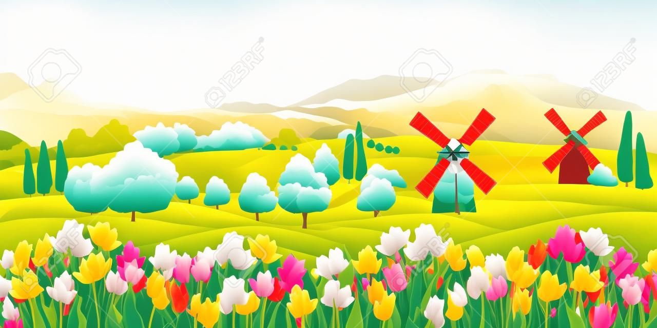 Sfondo di primavera vettoriale. Paesaggio olandese con campo di tulipani, alberi, colline, mulini. Banner orizzontale floreale in stile cartone animato disegnato a mano. Per poster, pubblicità per turisti, sfondi, landing page.