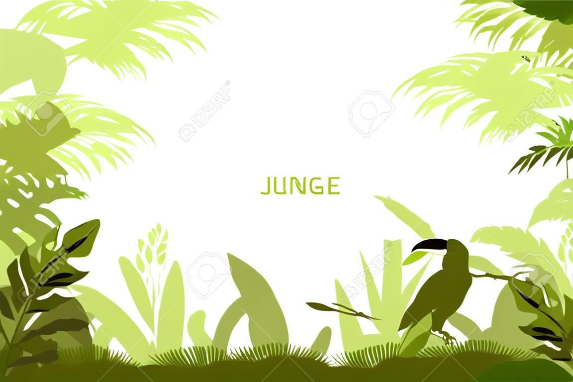 Vector rainforest frame with toucan, palm trees, bamboo, leaves and banana. Ecological tropical banner in green colors and copy space. Jungle background with silhouettes of plants and birds