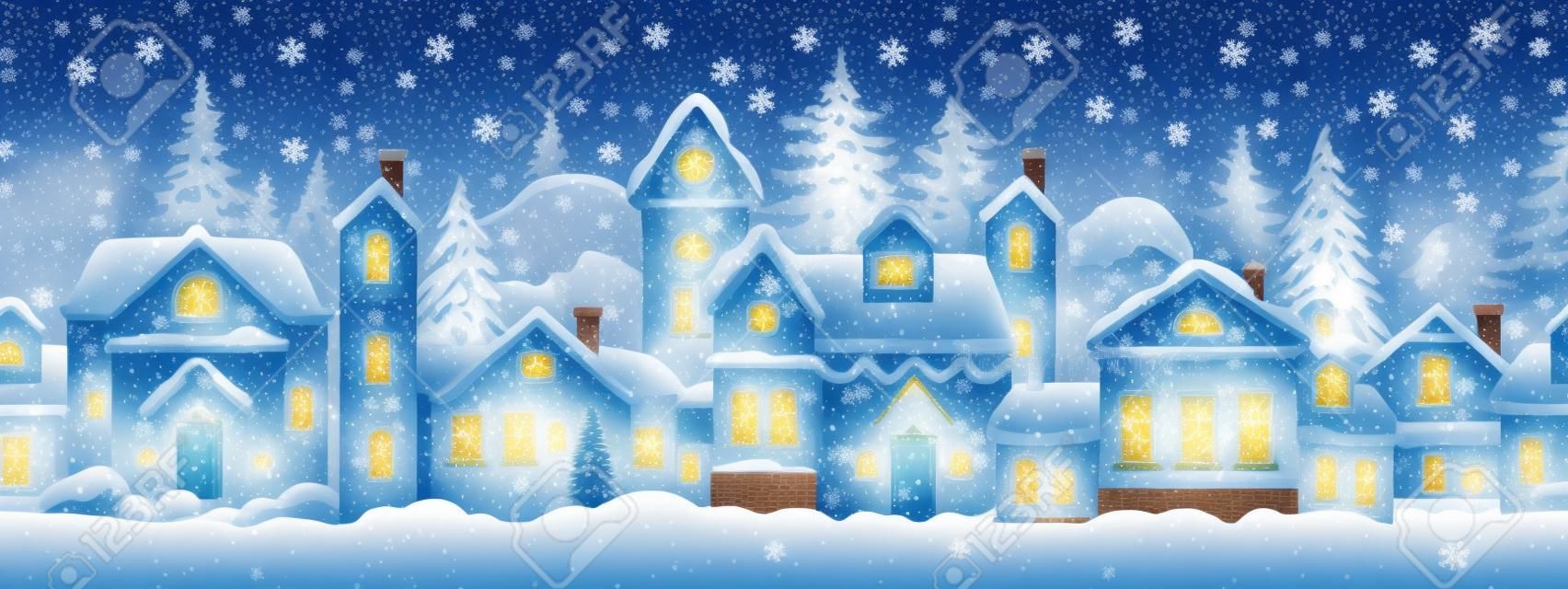 Bezszwowa świąteczna ilustracja z udekorowanymi domami, śniegiem, miastem, sylwetką drzew. świąteczne tło z wiejską ulicą, zaspy, nocne niebo, gwiazdy. baner fasady domów świątecznych