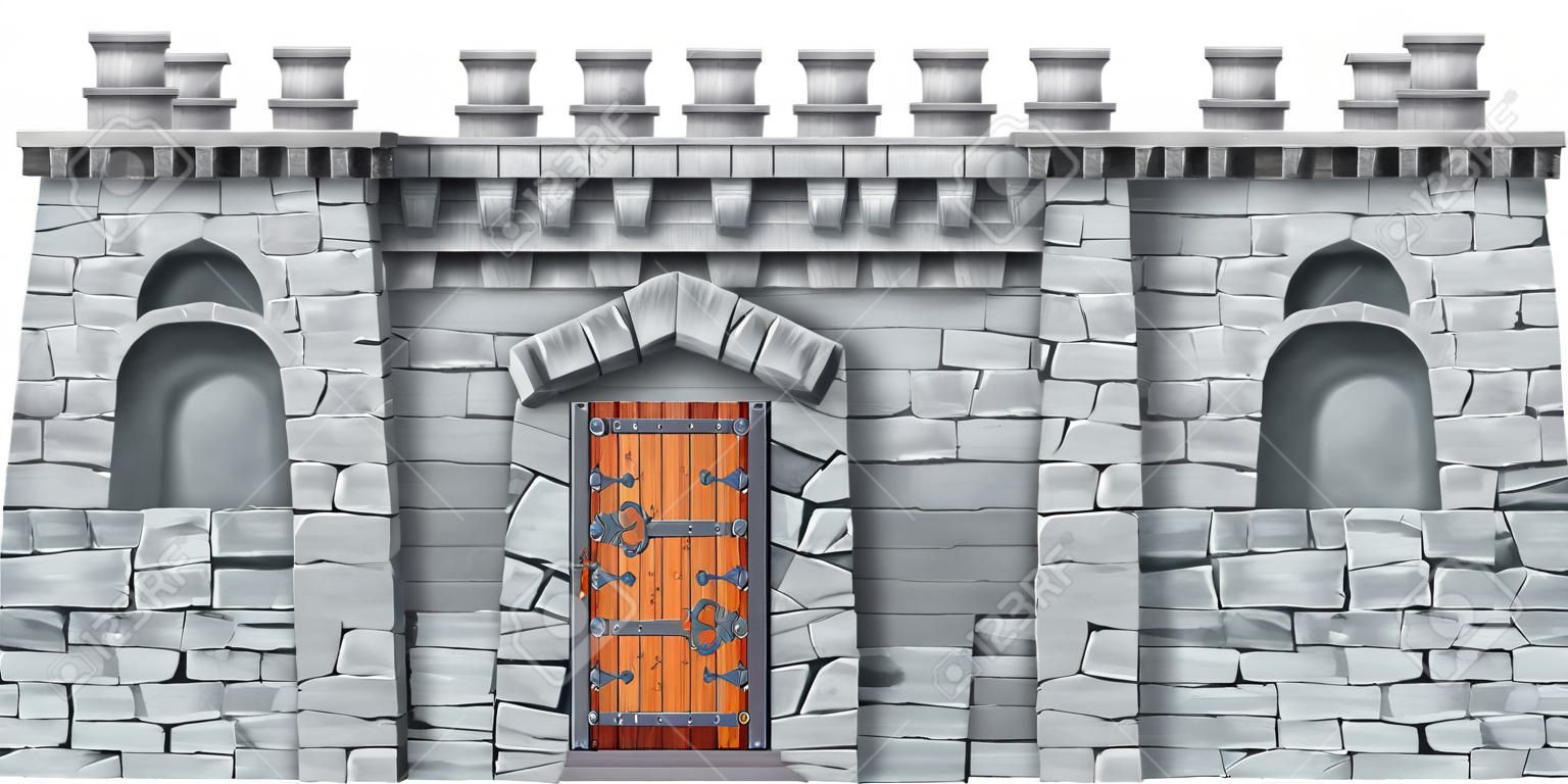 Torre medieval do castelo, entrada antiga da cidade da pedra, parede de tijolo da fortaleza, porta dupla isolada de madeira. Ilustração histórica da cidadela do jogo, entrada da cidade.