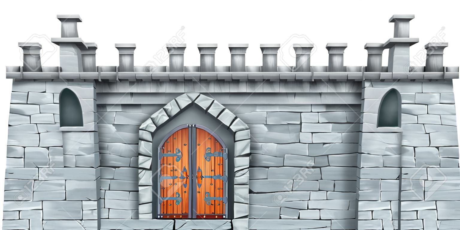 Torre medievale del castello, ingresso della città in pietra antica, muro di mattoni della fortezza, doppia porta isolata in legno. Illustrazione storica della cittadella del gioco, ingresso della città. Vista frontale della facciata della torre del castello di fortificazione