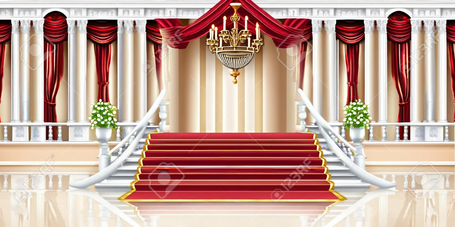 Palace interior vector background, luxury castle room, royal ballroom hall, arch window, red curtain. Marble pillar, classic staircase, balustrade, gold chandelier, carpet. Palace interior banner