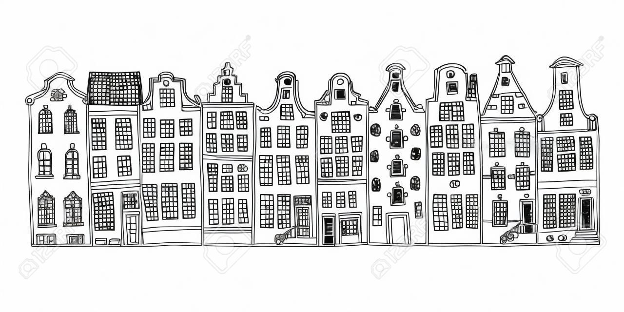 Amsterdam vector sketch hand drawn illustration. Cartoon outline houses facades in a row isolated on white background