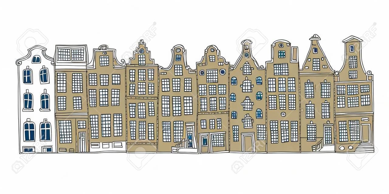 Ręcznie rysowane szkic wektor Amsterdam. Zarys kreskówek domy fasady z rzędu na białym tle
