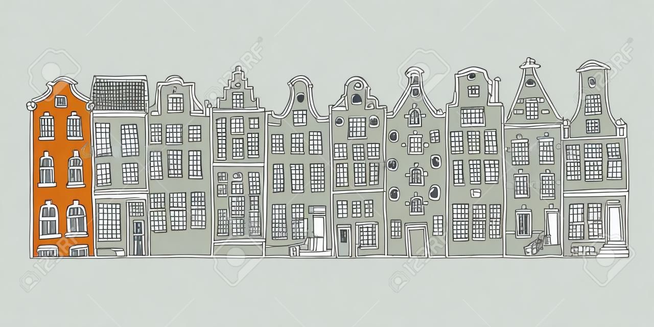 Ręcznie rysowane szkic wektor Amsterdam. Zarys kreskówek domy fasady z rzędu na białym tle
