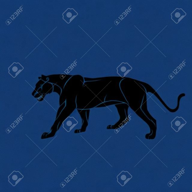 De vrouwelijke leeuw.Zwarte silhouet op blauwe achtergrond.
