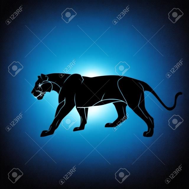 A silhueta feminina do leão.Black no fundo azul.