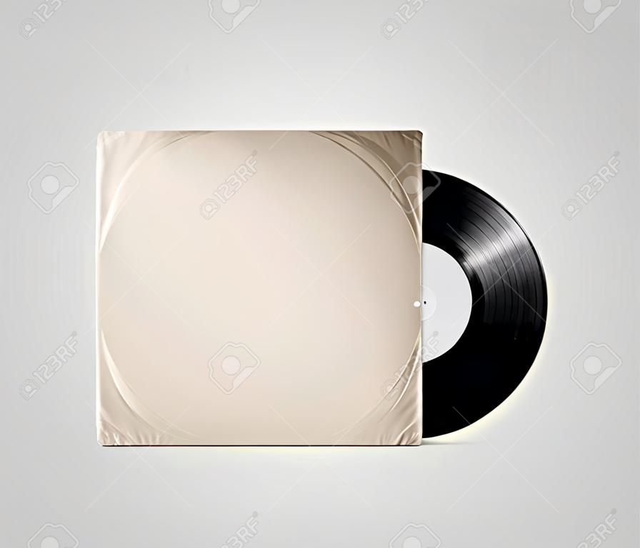 Blank vinyl album cover sleeve mockup, isolated. Gramophone music plate clear surface mock up. Paper sound shellac disc label template. Vintage old grunge cardboard vinyl disk package