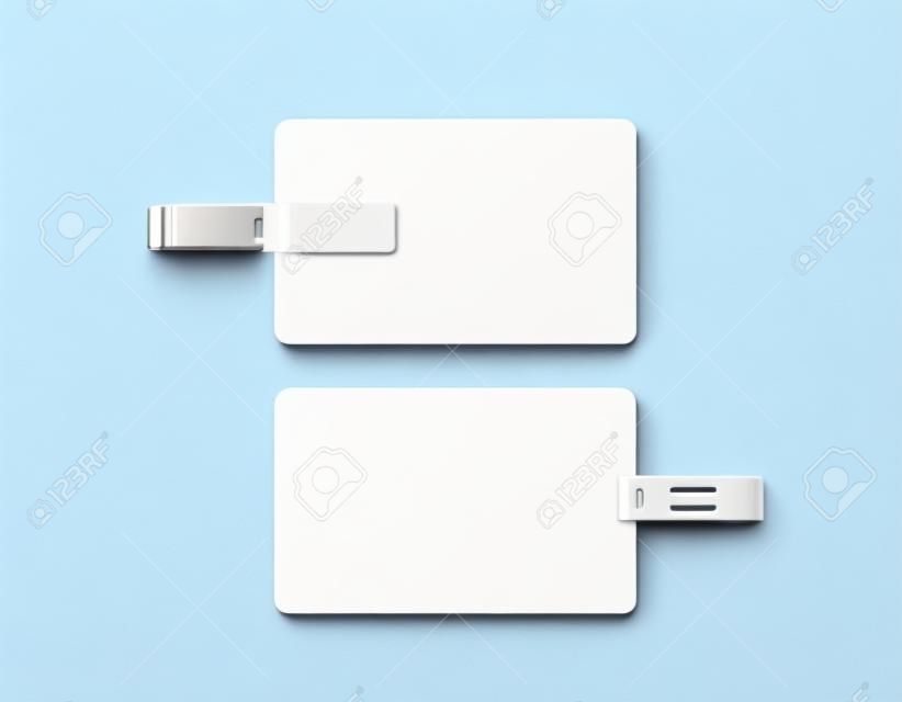 Blank white plastic wafer usb card design mockup, front, back side view, clipping path, 3d rendering. Visiting flash drive namecard mock up. Call-card disk souvenir presentation. Credit stick adapter.