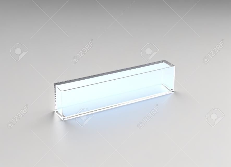 空白的透明亞克力台樣機塊，3D渲染。透明的玻璃銘牌設計小樣。空塑料namplate模板隔絕在白色。企業文具有機玻璃矩形顯示屏